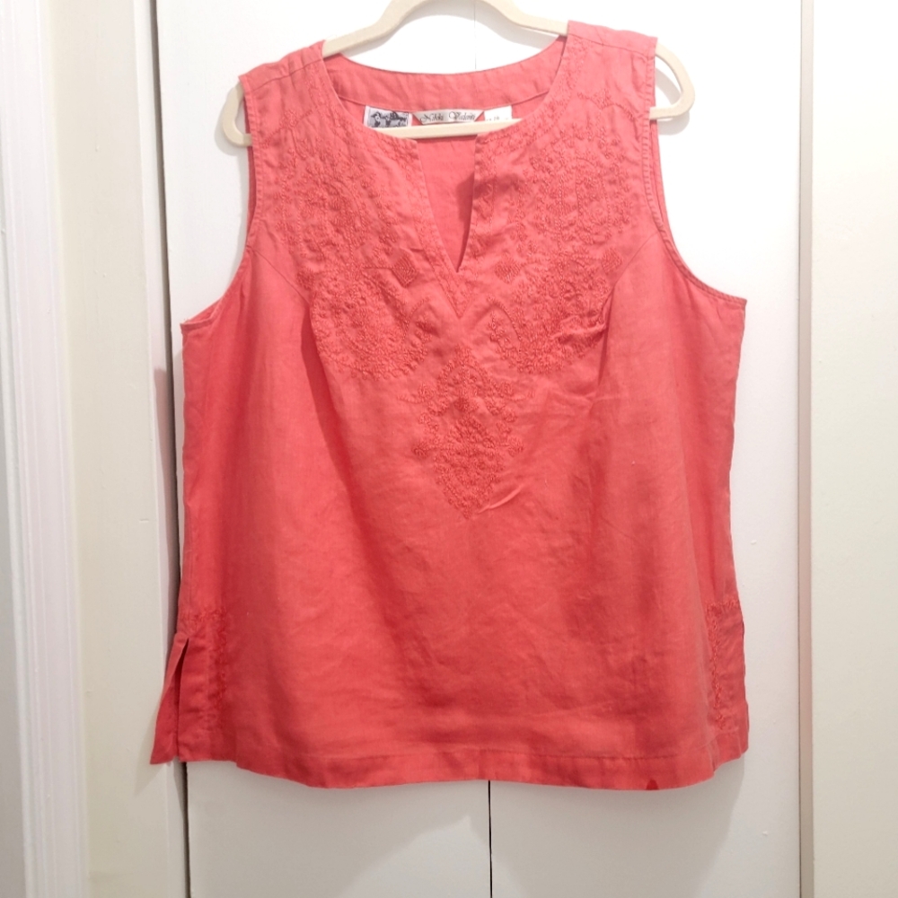 Peach Irish Linen Embroidered Sleeveless Blouse size 20